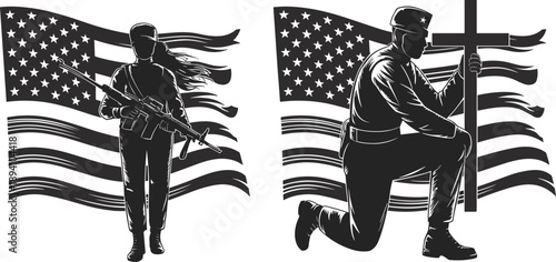 Military soldier memorial illustration set featuring armed serviceman and kneeling tribute with cross and American flag, representing patriotism, sacrifice, remembrance, and veteran honor 