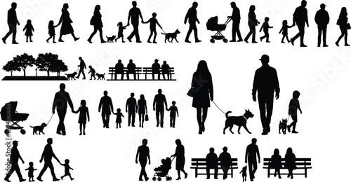 Park life silhouette vector set, black shapes of people, dogs, strollers, benches, and trees in outdoor scenes