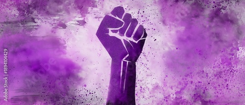 Purple fist raised for International Women's Day and the celebration of women's rights on March 8 for freedom and empowerment