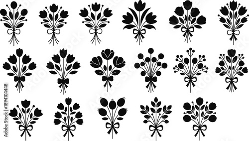 Flower bouquet silhouette vector set, eighteen black shapes with varied floral arrangements and decorative elements