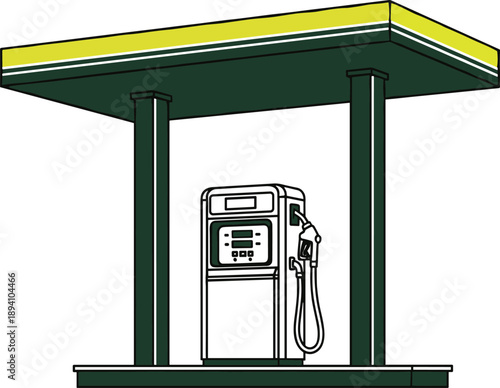 Gas station pump illustration, fuel canopy design, vector icon, refueling infrastructure, transportation energy, stylized artwork, digital display, fuel nozzle, modern service