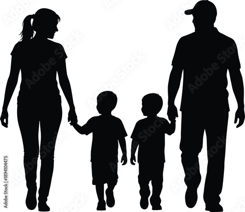 Family walking silhouette, black vector illustration, parenting concept, children with adults, social relationship icon, unity, care, emotional bond, lifestyle design