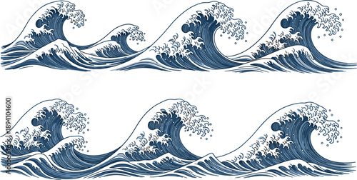 Japanese wave pattern, traditional ocean art, Hokusai-inspired design, stylized sea waves, blue and white illustration, cultural motif, tattoo style, nature theme