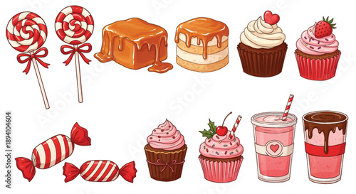 A collection of various sugary treats including red and white striped lollipops, square caramel candies with dripping glaze, layered cakes, chocolate cupcakes with pink frosting and hearts, a cupcake.