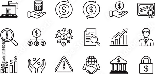 Financial business line icons set, banking investment money exchange, accounting analysis, growth statistics, approval certification, digital finance vector illustration