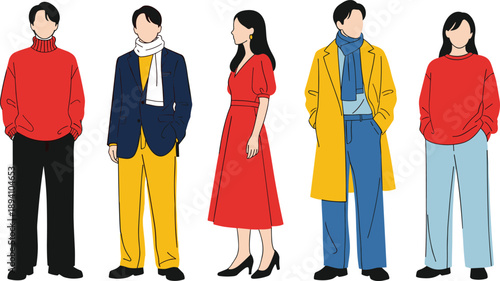 Flat Vector Illustration of Stylish Men and Women Wearing Colorful Winter and Autumn Fashion Outfits Isolated on White Background