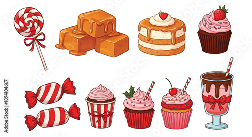 A collection of various sugary treats including red and white striped lollipops, square caramel candies with dripping glaze, layered cakes, chocolate cupcakes with pink frosting and hearts, a cupcake.