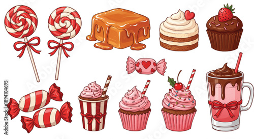 A collection of various sugary treats including red and white striped lollipops, square caramel candies with dripping glaze, layered cakes, chocolate cupcakes with pink frosting and hearts, a cupcake.