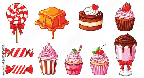 A collection of various sugary treats including red and white striped lollipops, square caramel candies with dripping glaze, layered cakes, chocolate cupcakes with pink frosting and hearts, a cupcake.