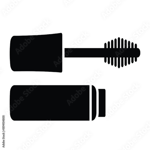 Minimal black silhouette of an open mascara tube with brush applicator and cosmetic container. Beauty and makeup product concept isolated on white background, suitable for fashion, cosmetics branding,