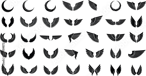 Wing and moon vector set, black silhouette icons, celestial tattoo elements, feather design collection, mystical symbols, graphic art, spiritual motifs