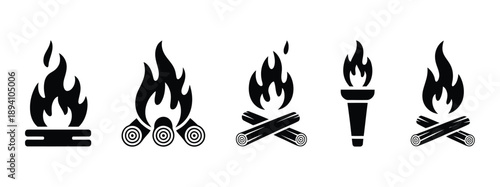 Fire icons and symbols, five unique flame designs for safety warning, emergency signage, hazard alert, vector illustration.