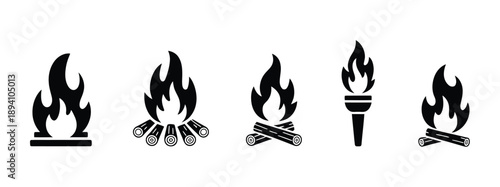 Fire icons and symbols, five unique flame designs for safety warning, emergency signage, hazard alert, vector illustration.