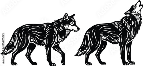 Wolf illustration set, black and white vector, howling and walking pose, stylized fur detail, wild animal art, nature symbol, tattoo design