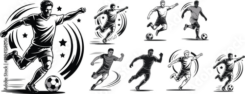 Black and white illustration set of dynamic soccer players in action poses with motion effects, ideal for sports design, energy, and athletic themes.