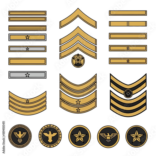 Military Rank Insignia Set: Chevrons, Stripes, Stars, and Emblems