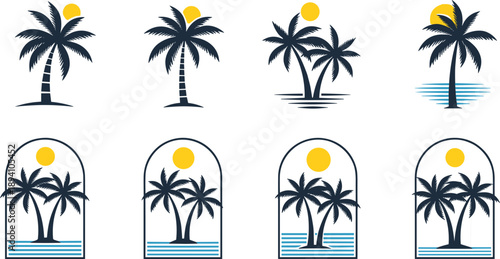 Tropical palm tree logo set, summer beach sunset icons, island vacation nature, modern minimal vector illustration
