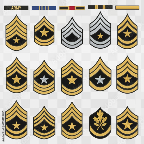 US Army Rank Insignia Collection: Stripes, Chevrons, and Badges on Transparent Background