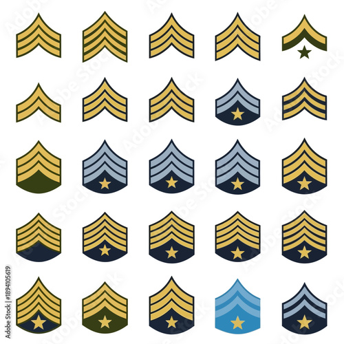 Military Rank Insignia Collection: Chevrons, Stripes and Stars on White Background