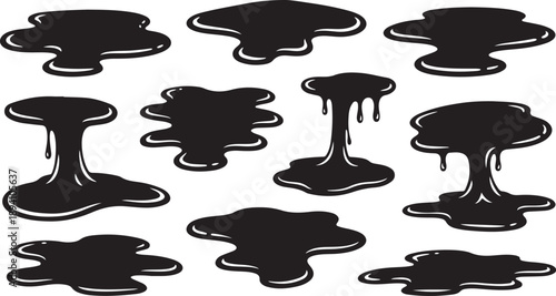 Black liquid splatters and spills on white background vector