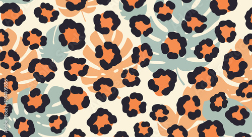 Modern vector wallpaper inspired by leopard skin pattern with stylized spots and abstract jungle foliage background, bold animal texture design for fashion, decor, and digital surfaces