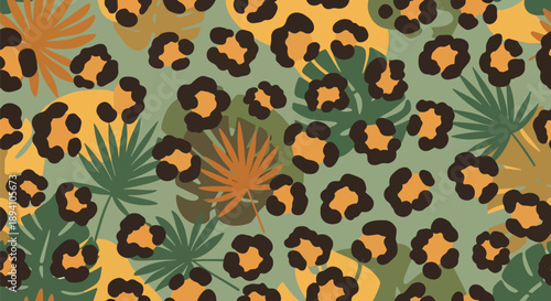 Modern vector wallpaper inspired by leopard skin pattern with stylized spots and abstract jungle foliage background, bold animal texture design for fashion, decor, and digital surfaces