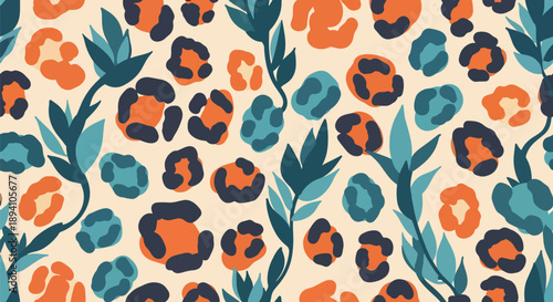 Modern vector wallpaper inspired by leopard skin pattern with stylized spots and abstract jungle foliage background, bold animal texture design for fashion, decor, and digital surfaces