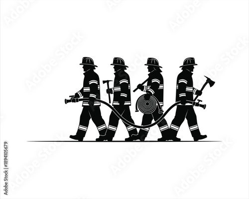 Firefighter group in action Vector Silhouette illustration design, firefighter group silhouette, firefighters in action silhouette, fireman team vector silhouette, firefighting crew illustration,