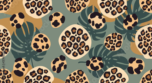 Modern vector wallpaper inspired by leopard skin pattern with stylized spots and abstract jungle foliage background, bold animal texture design for fashion, decor, and digital surfaces