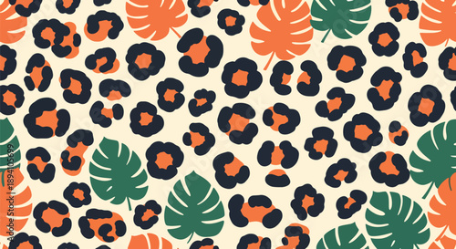Modern vector wallpaper inspired by leopard skin pattern with stylized spots and abstract jungle foliage background, bold animal texture design for fashion, decor, and digital surfaces