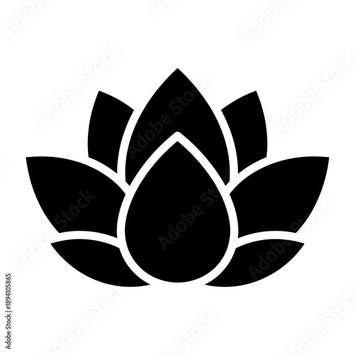 Black lotus flower icon, minimalist flat vector illustration isolated on a white background. Simple graphic symbol representing yoga, meditation, purity, and spirituality.