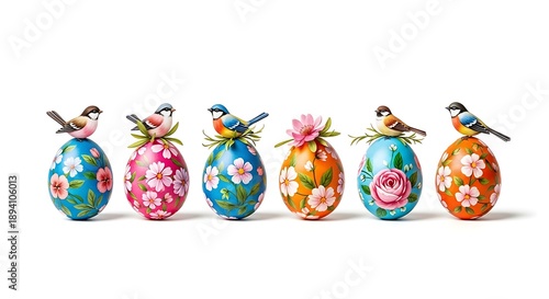 Beautifully decorated easter eggs with birds perched on top creating a whimsical scene