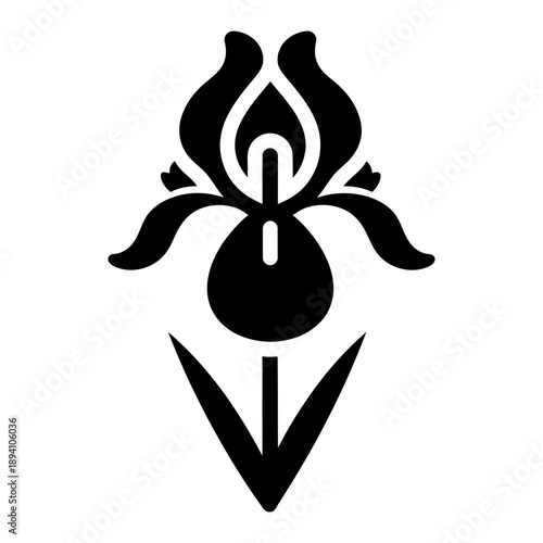 Iris flower glyph icon. Solid black silhouette of a blooming iris plant with stem and leaves. Minimalist vector illustration for botanical logos and gardening apps.