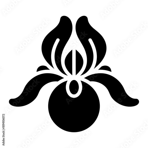 Iris flower glyph icon vector illustration. Solid black silhouette of a blooming iris plant isolated on white background. Symmetrical floral symbol for logo or UI design.