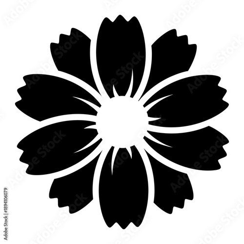 Black silhouette of a cosmos flower head isolated on white background. Simple floral icon or logo design element with eight notched petals and circular center.