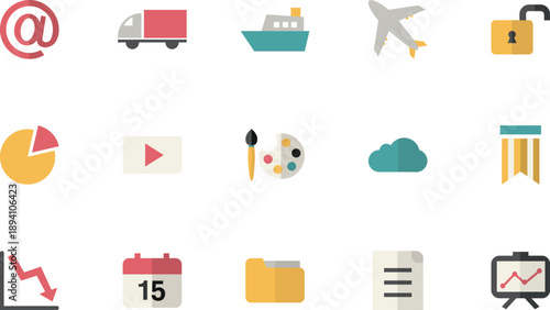 Collection of various icons representing different concepts and objects including transportation, technology, and office supplies displayed on a clean background
