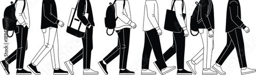 Diverse professional business silhouettes standing together with flat vector commuters in winter clothing and minimalist line art floral icon collection.