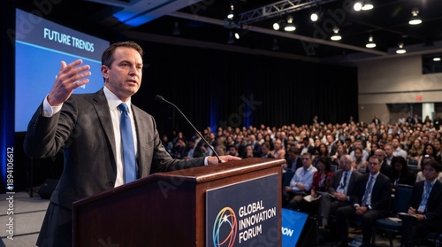 Keynote speaker giving presentation at Global Innovation Forum. Future trends seminar. Businessman addressing audience from podium. Corporate conference public speaking leadership.