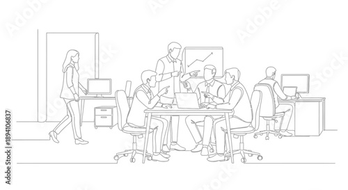 Business team meeting in office with laptops and whiteboard graph presentation