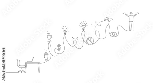 Continuous line drawing of business success concept with office desk to triumphant man