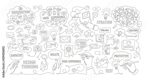Design thinking and user experience concept with various icons and keywords related to innovation and creativity in business and technology  business strategy and innovation