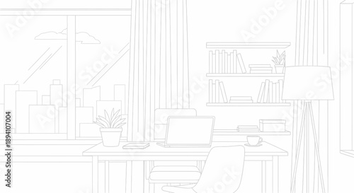 line drawing of a modern home office with city view and laptop computer on desk