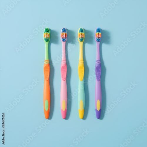 Wallpaper Mural Vibrant multi-colored manual toothbrushes for family oral care and teeth cleaning routine isolated on a light blue backdrop, representing dental hygiene, daily health habits Torontodigital.ca