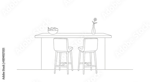 line drawing of two bar stools at a counter with a bowl and a vase with a flower