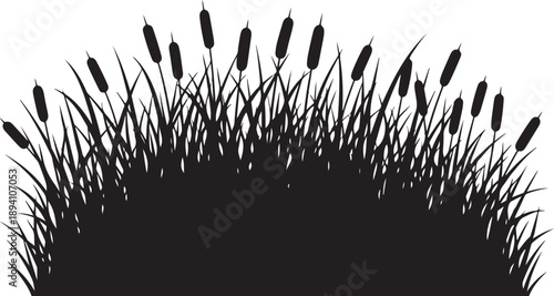 Black Silhouette of Cattails Against White Background Illustration