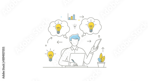 Man sitting at desk with laptop and tablet thinking about ideas and solutions