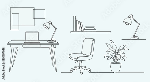 line drawing of an office workspace with desk lamp computer chair plant and books on a shelf