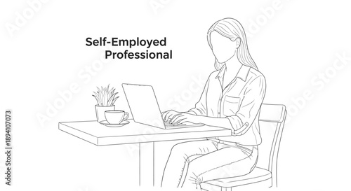 Self employed professional woman working on laptop at desk with coffee cup and plant