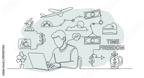 Man sitting at laptop with icons representing time freedom and financial success floating above