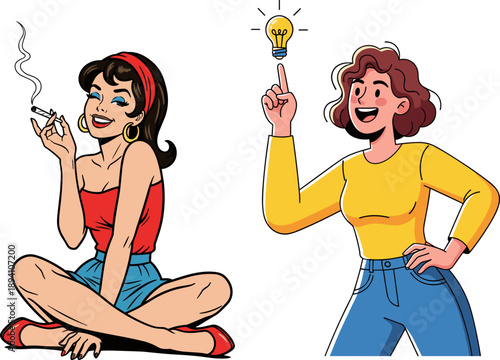 Cartoon women illustration, smoking and idea contrast, red and yellow outfits, light bulb symbol, expressive pose, lifestyle concept, stock image